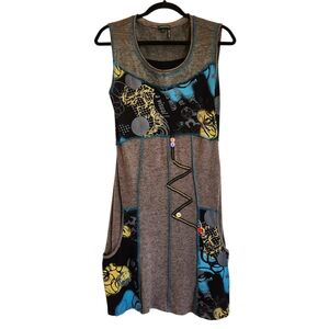 Tricotto Made in Turkey Sleeveless Dress Size M Gray Colorful Boho Details Artsy